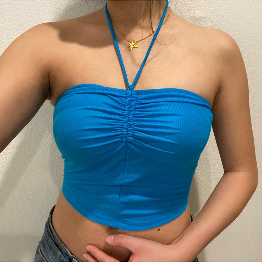 blue tie halter tank